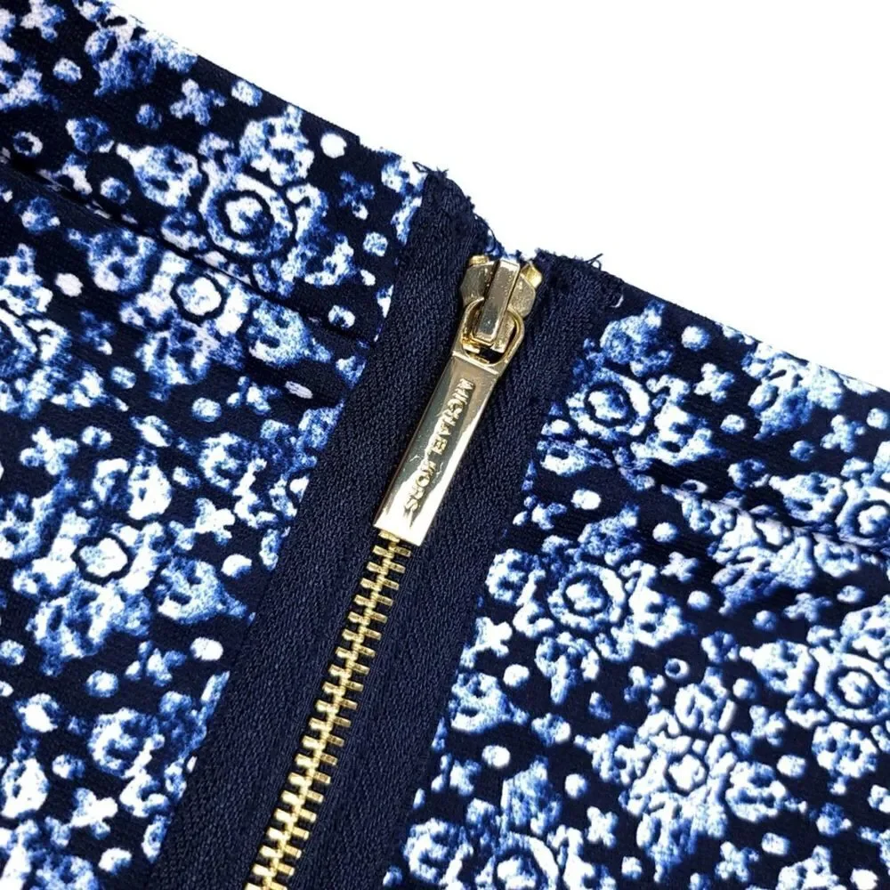 MICHAEL KORS Fluted High Rise Exposed Zip Mini Skirt Navy Blue Floral Womens 4